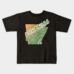 Colorful mandala art map of Arkansas with text in green and orange Kids T-Shirt